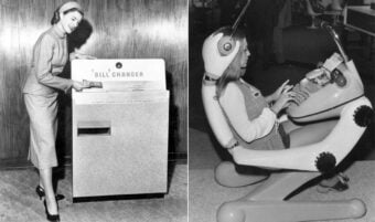 Left: Woman in vintage attire uses a bill changer machine. Right: Woman sits in a futuristic chair with a helmet and types on a keyboard at a retro technology exhibit.