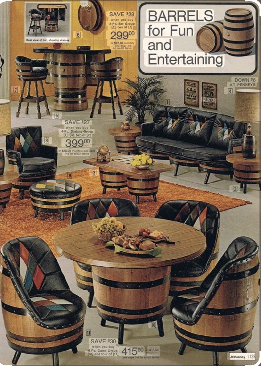 A vintage JCPenney catalog page features barrel-themed furniture, including a dining set, sofa, chairs, tables, and lamps, all upholstered in black with colorful diamond patterns. Text reads “BARRELS for Fun and Entertaining.”