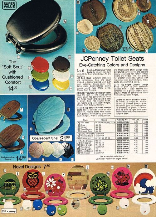A vintage JCPenney catalog page shows various decorative toilet seats in styles like wood, seashell, and novelty animal faces, with product images, prices, and item descriptions.
