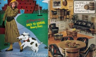Split image: Left side shows a woman in a yellow plaid outfit and hat walking a cartoon dog on a blue and green background with &ldquo;JCPenney&rsquo;s BACK-TO-SCHOOL Beauty Diary.&rdquo; Right side advertises barrel-shaped living room furniture sets.