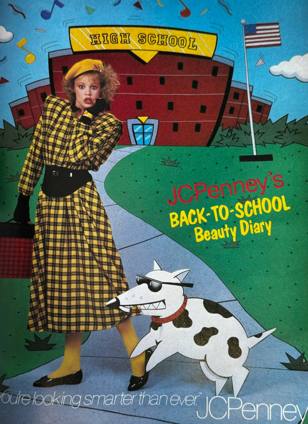 A woman in a yellow plaid outfit stands in front of a cartoon high school. A white dog with sunglasses is beside her. The text reads “JCPenney’s Back-To-School Beauty Diary” with “You’re looking smarter than ever.”