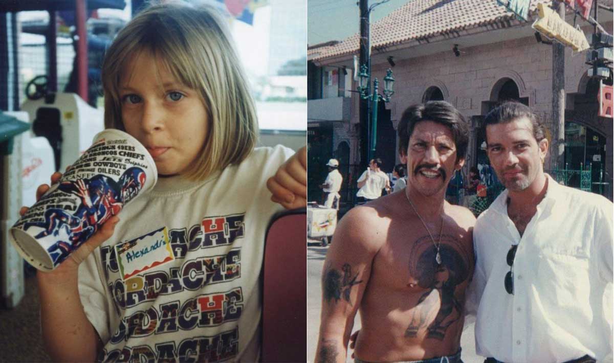 Left: A young girl with blonde hair drinks from a large cup and wears a graphic t-shirt. Right: Two men pose outdoors; one is shirtless with tattoos and a mustache, the other wears sunglasses and a white shirt.