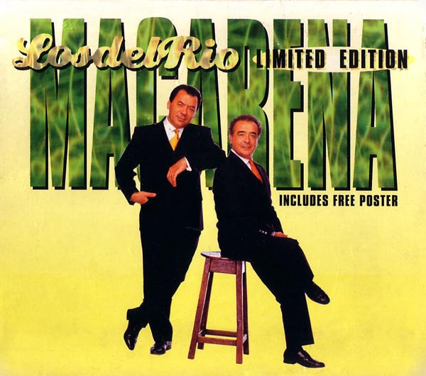 Two men in suits, one standing and one sitting on a stool, are in front of large green text that reads "MACARENA." The words "Limited Edition" and "Includes Free Poster" also appear on the cover.