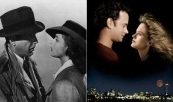 Split image: On the left, a classic black-and-white scene of a man and woman in 1940s attire gazing at each other; on the right, a modern color image of a couple facing each other above a city skyline at night.