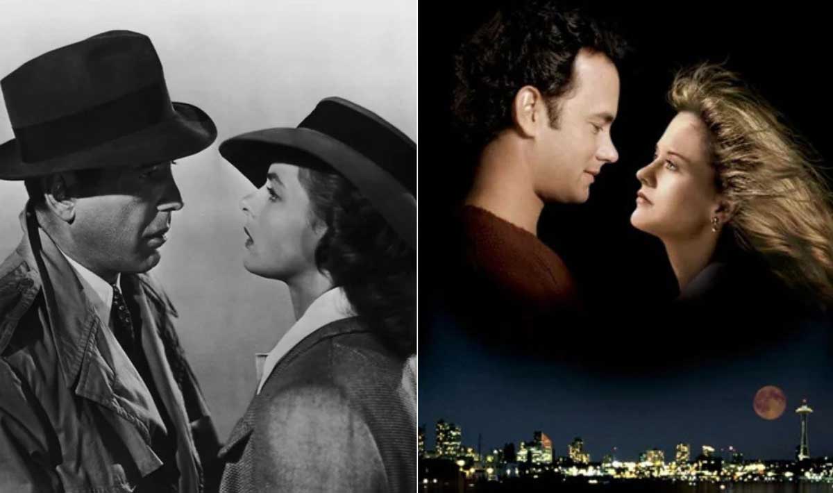 Split image: On the left, a classic black-and-white scene of a man and woman in 1940s attire gazing at each other; on the right, a modern color image of a couple facing each other above a city skyline at night.