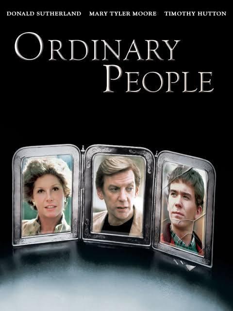 Movie poster for "Ordinary People" featuring three framed portraits of the main characters against a black background, with the actors’ names and the film title above the photos.