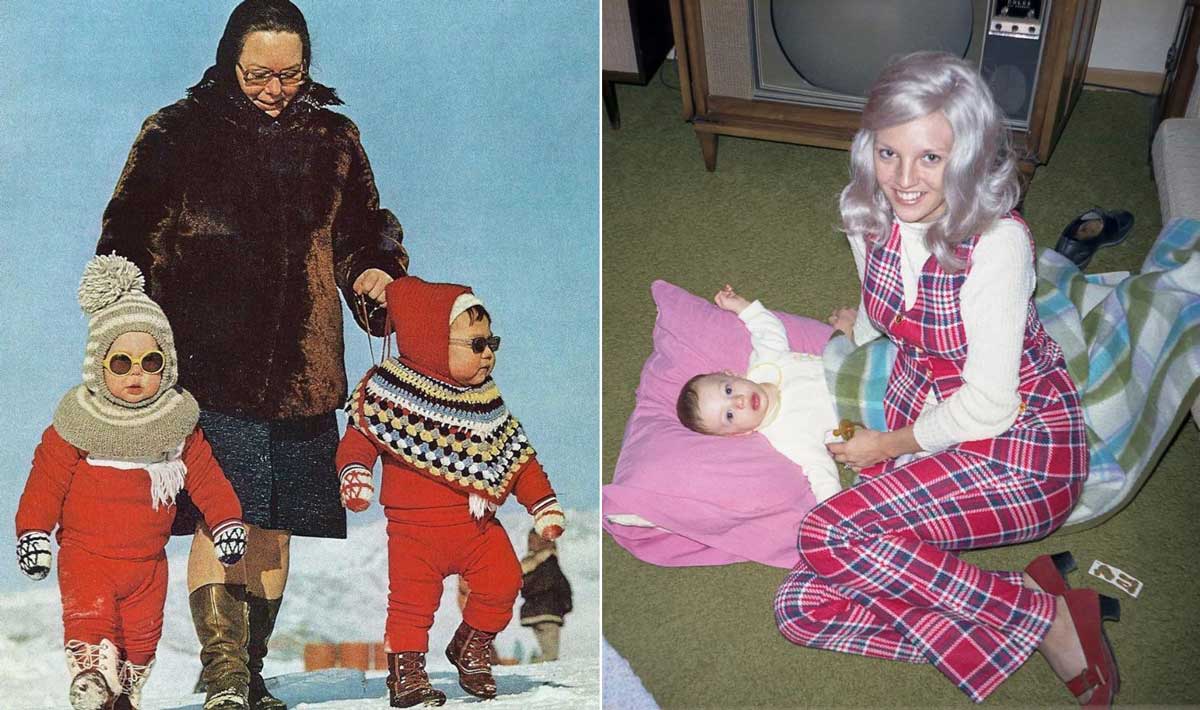 Split image: On the left, an adult and two children in winter clothes and sunglasses walk in snow. On the right, a woman with light hair kneels beside a baby lying on a pillow indoors near a TV.