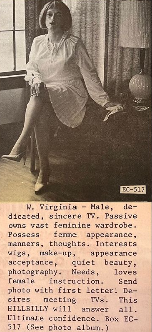 A vintage personal ad features a black-and-white photo of a seated person in a dress and heels, with legs crossed beside a lamp. Below, typed text describes a West Virginia male seeking acceptance as a transgender woman.