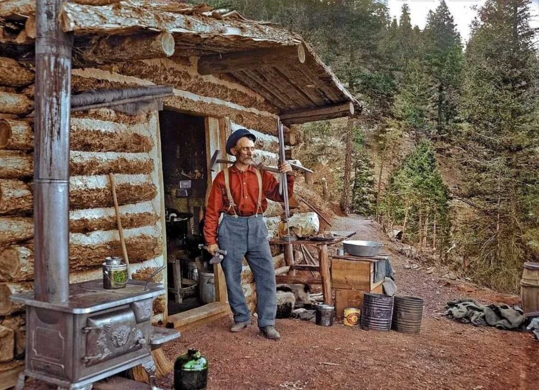 A man in suspenders and a blue cap stands outside a rustic log cabin in the woods, holding an axe over his shoulder. The cabin has a wood stove outside and various tools and supplies scattered nearby. Pine trees fill the background.