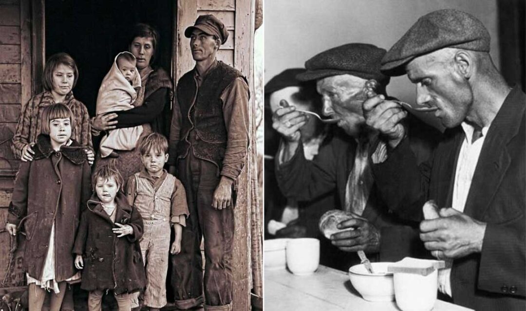 Left: A somber family with parents and five children stands in worn clothing by a wooden doorway. Right: Three men in caps eat soup and bread at a table, appearing serious and focused on their meal.