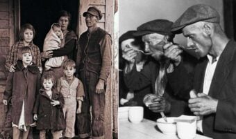 Left: A somber family with parents and five children stands in worn clothing by a wooden doorway. Right: Three men in caps eat soup and bread at a table, appearing serious and focused on their meal.