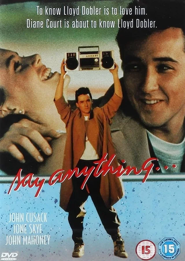 DVD cover for the film "Say Anything," featuring a man holding a boombox overhead, with a smiling woman and a close-up of his face in the background. Film title and actors' names appear at the bottom.