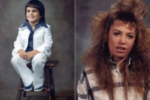 Split image: On the left, a young boy wearing a white suit with dark shirt, sitting on a stool and smiling. On the right, a teenage girl with big, teased hair and a plaid shirt, looking at the camera.