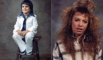 Split image: On the left, a young boy wearing a white suit with dark shirt, sitting on a stool and smiling. On the right, a teenage girl with big, teased hair and a plaid shirt, looking at the camera.