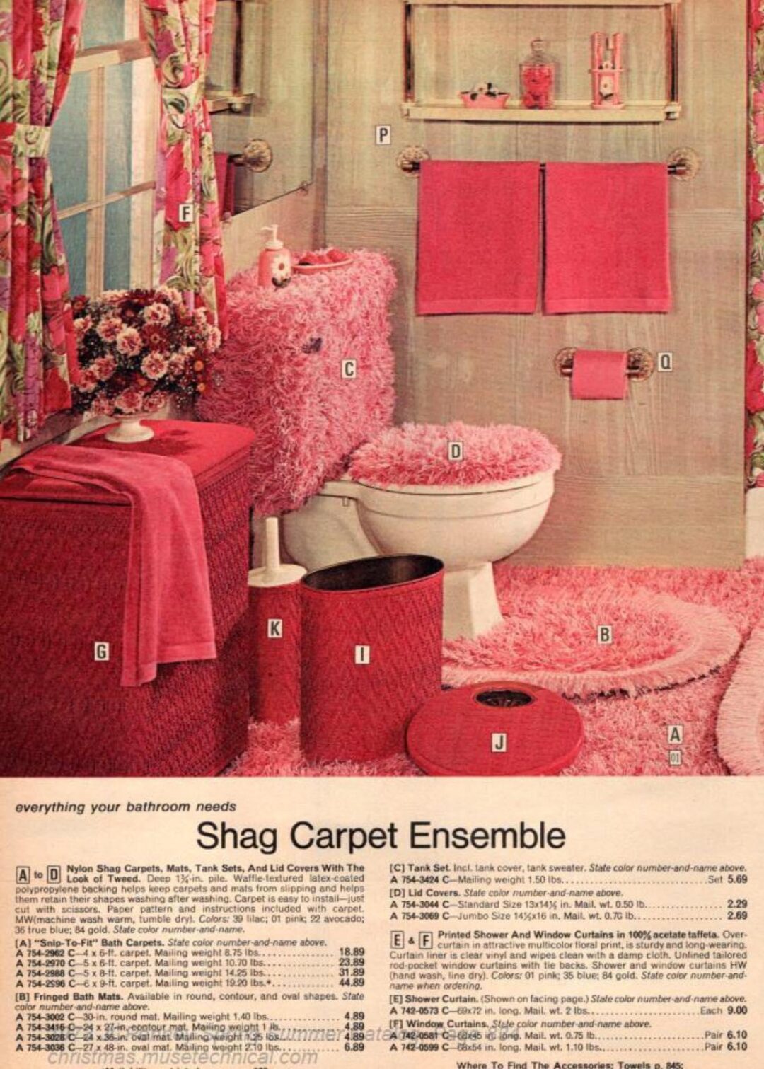 A vintage bathroom is decorated entirely in shades of pink, featuring shag carpet on the floor, toilet lid, and tank, with matching pink towels, curtains, trash can, tissue holder, and floral accents.