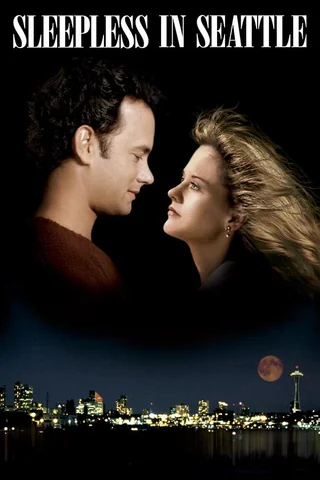 Movie poster for "Sleepless in Seattle" showing a man and woman facing each other closely above the Seattle skyline at night, with the Space Needle visible and a large red moon in the sky.