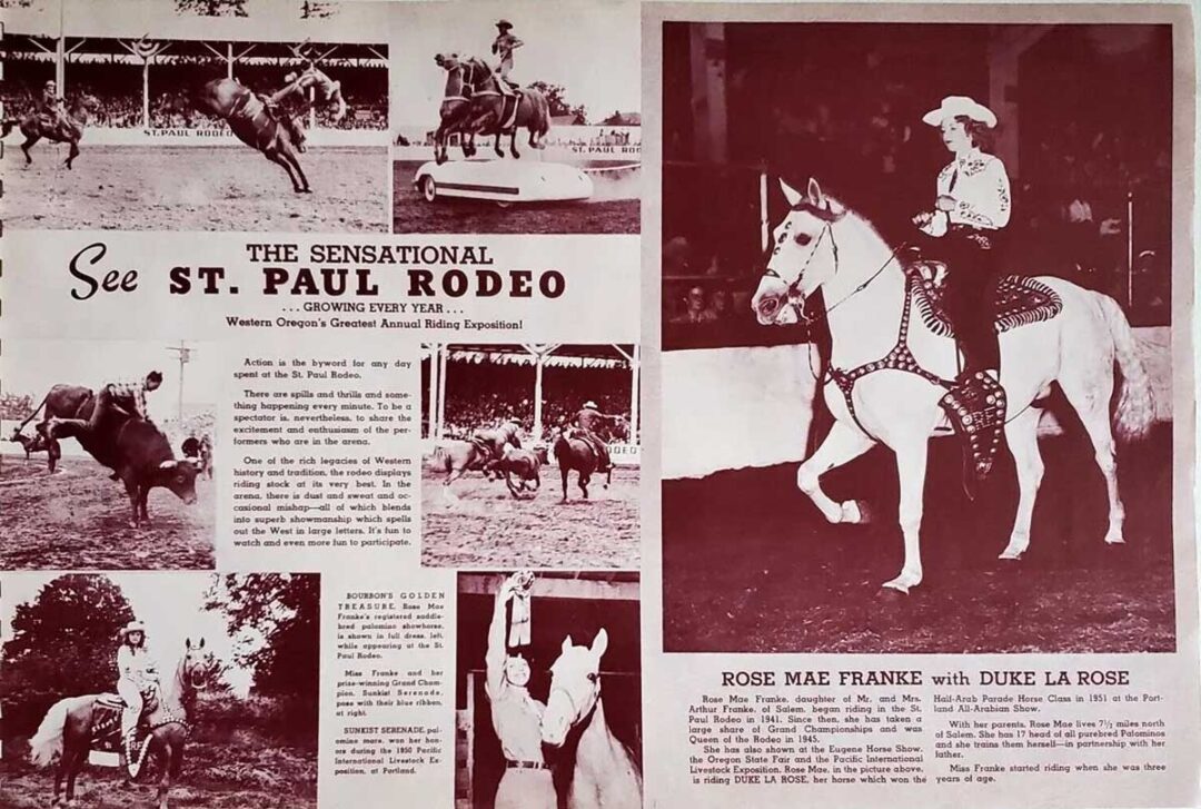 A vintage rodeo program page features photos of riders on bucking horses, cowboys, and a cowgirl in western attire on a white horse. Bold text reads "See St. Paul Rodeo" and highlights performer Rose Mae Franke with Duke La Rose.