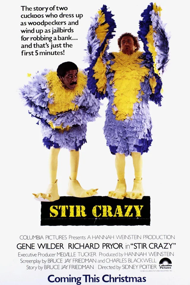 Movie poster for "Stir Crazy" shows Gene Wilder and Richard Pryor in large blue and yellow bird costumes, looking surprised. Poster text describes the film's wild premise and lists cast and crew details.