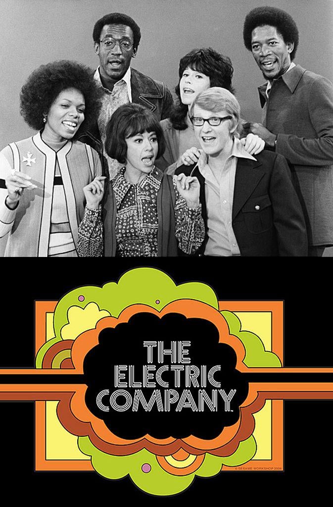 A black-and-white photo of six smiling actors from “The Electric Company” TV show, above a colorful retro logo reading “The Electric Company” in bold letters.
