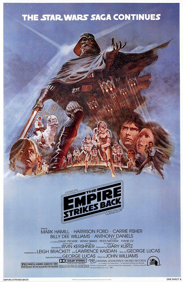 Poster for "The Empire Strikes Back" shows main characters with lightsabers and blasters, Darth Vader’s helmet looming above, ships and walkers in battle, and the tagline "The Star Wars Saga Continues" at the top.