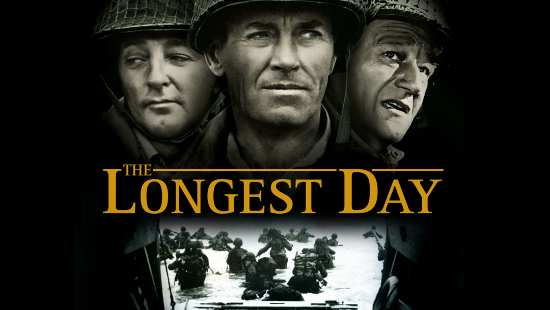 Three soldiers in helmets are shown above the title "The Longest Day" in bold yellow letters. Below, troops land from boats onto a beach during a battle, evoking a World War II scene.