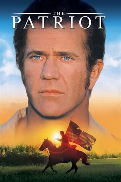 Movie poster for "The Patriot" showing a close-up of a serious man’s face above a silhouette of a rider holding a flag on horseback at sunrise, with the movie title at the top.