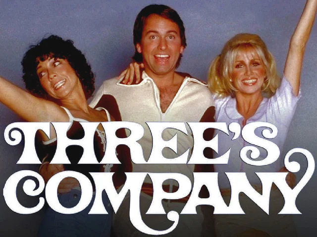 Three people, two women and one man, stand smiling with their arms raised in celebration. Bold white text in front of them reads “THREE’S COMPANY.”