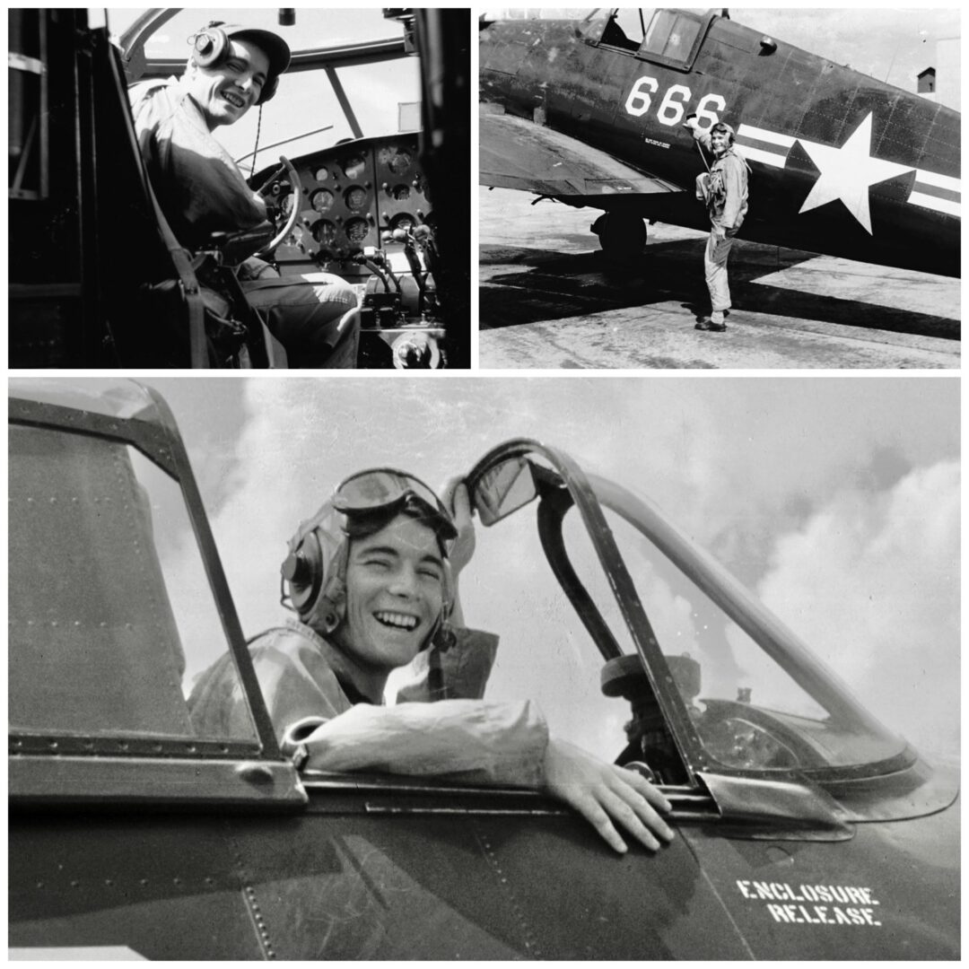 A collage of three vintage black-and-white photos features a smiling World War II pilot in uniform and goggles, posing in and beside a military aircraft marked “666” with a white star insignia.