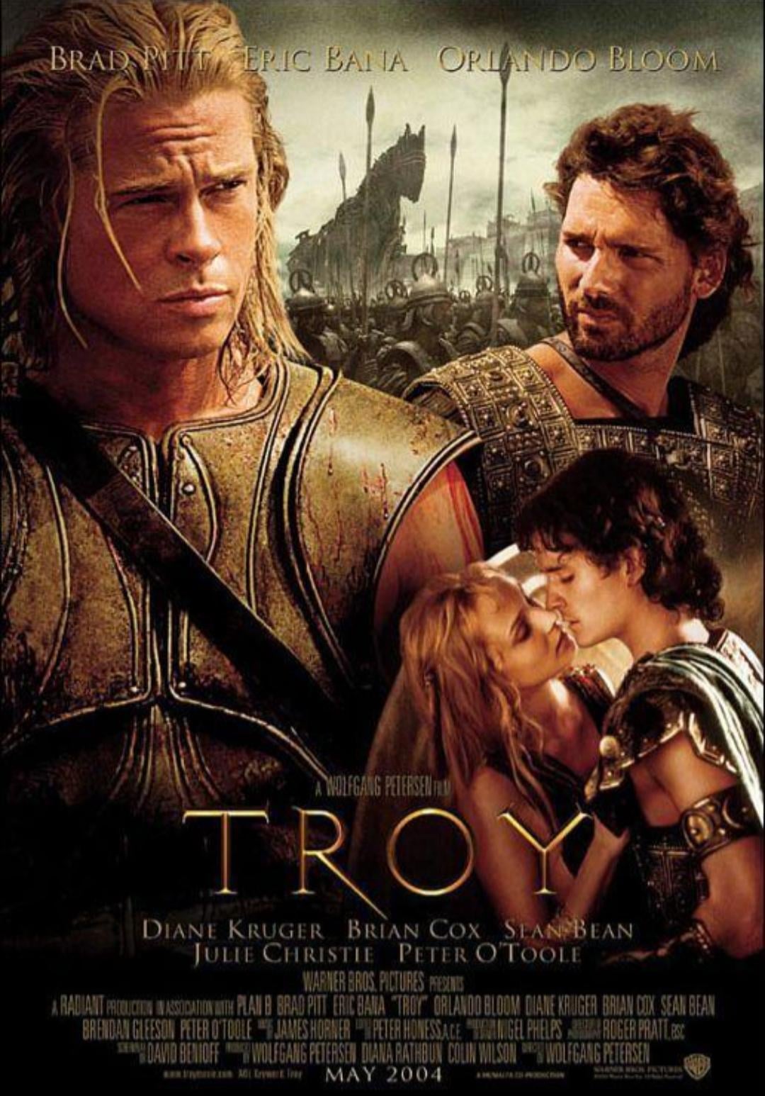 Movie poster for "Troy" showing a blond man in ancient armor, a bearded man with a stern look, and a romantic scene between a man and woman; movie title and cast names are displayed at the bottom.