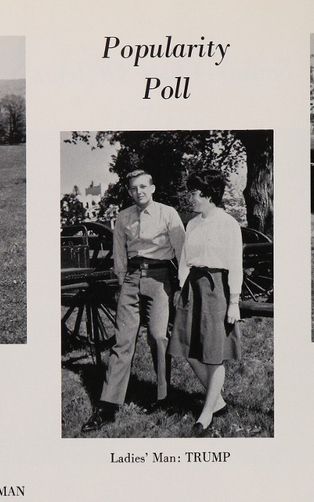 Black and white yearbook photo labeled "Popularity Poll" showing a young man and woman standing outside together, with the caption "Ladies' Man: TRUMP" below the image.