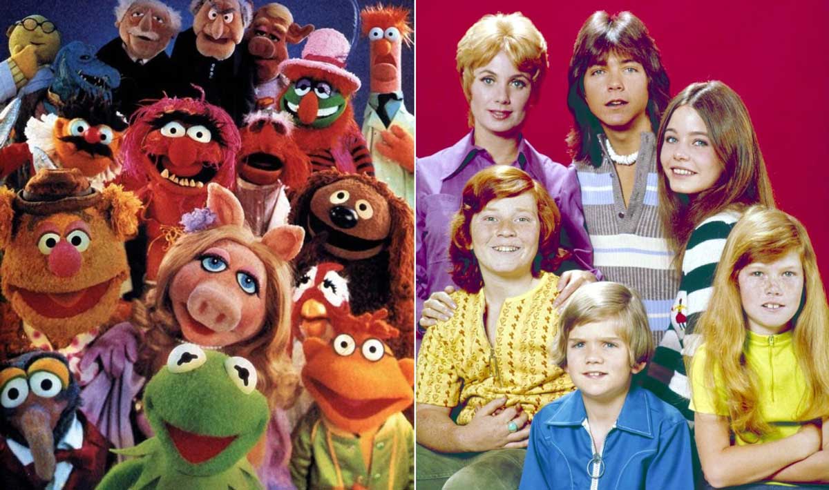 On the left, a group of colorful Muppet characters pose together. On the right, five people from a 1970s TV family, wearing bright clothing, pose in front of a red background.