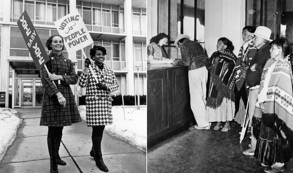 Two side-by-side black and white photos: On the left, two women hold “VOTING IS PEOPLE POWER” signs; on the right, Indigenous people in traditional dress wait in line at a polling station.