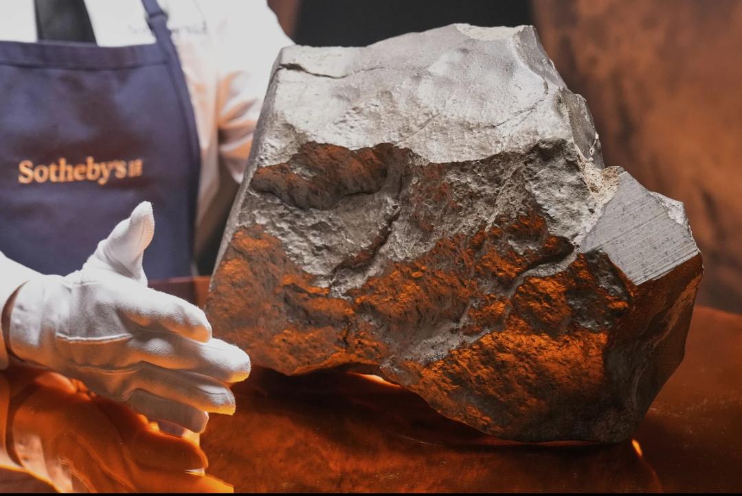 A person in white gloves and a Sotheby’s apron presents a large, irregular gray rock or meteorite on a reflective surface with warm lighting.