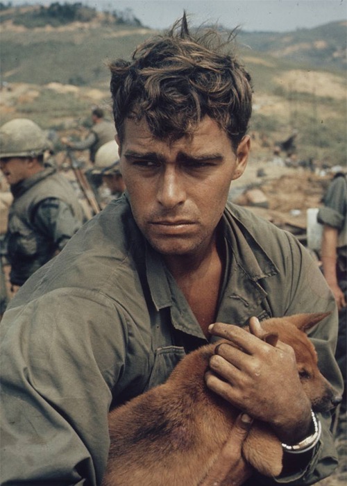 A young soldier in uniform holds a brown dog, looking serious and contemplative. Other soldiers and a landscape with hills are visible in the blurry background.