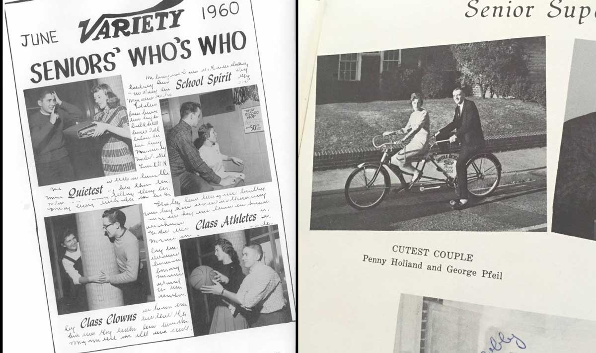A black and white yearbook spread features "Seniors Who's Who" with superlatives like "School Spirit" and "Class Clowns" on the left, and a photo of the "Cutest Couple" riding a tandem bike on the right.