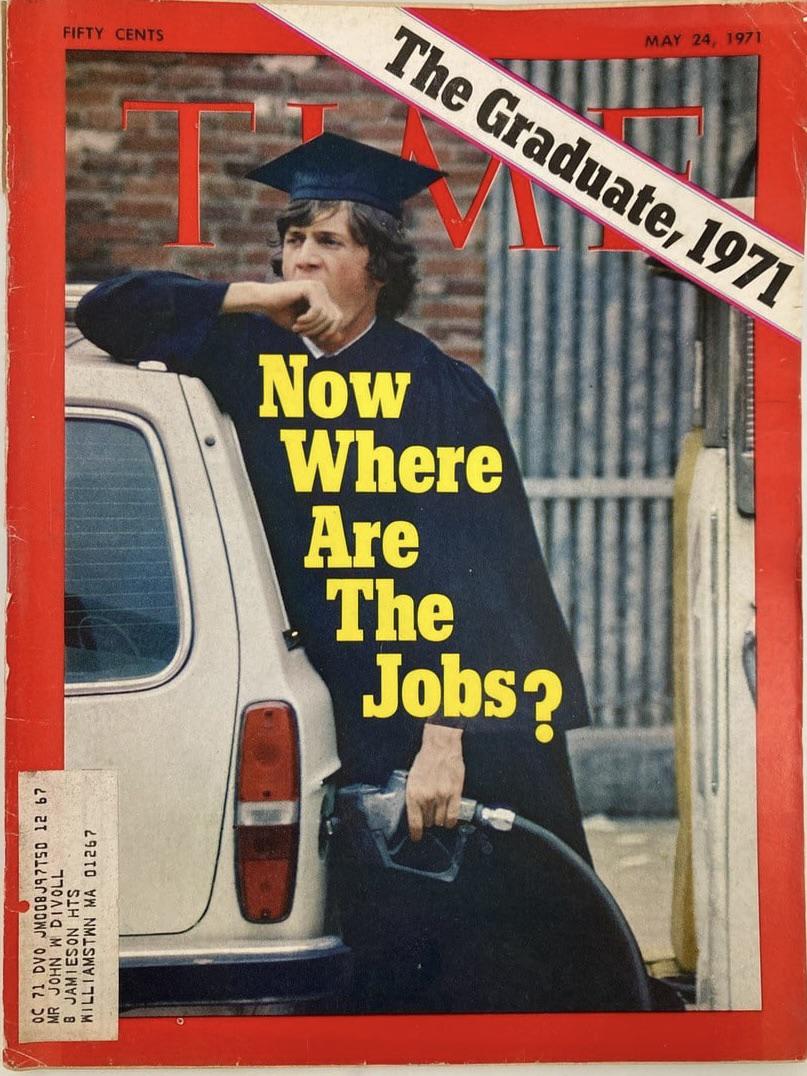 A 1971 Time magazine cover shows a young man in a graduation cap and gown leaning against a car while pumping gas. The headline reads, "Now Where Are The Jobs?" and a banner says, "The Graduate, 1971.