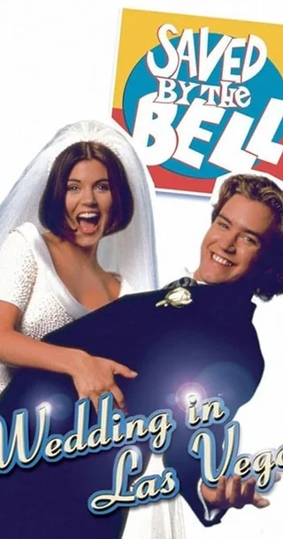 A bride in a white dress and a groom in a tuxedo smile joyfully on a "Saved by the Bell: Wedding in Las Vegas" poster, with the show's colorful logo in the background.