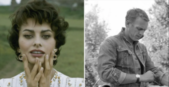 Split image: Left, a woman with short dark hair touches her face, outdoors, wearing earrings and a patterned top. Right, a man in a denim jacket looks down, outdoors in a black-and-white photo.