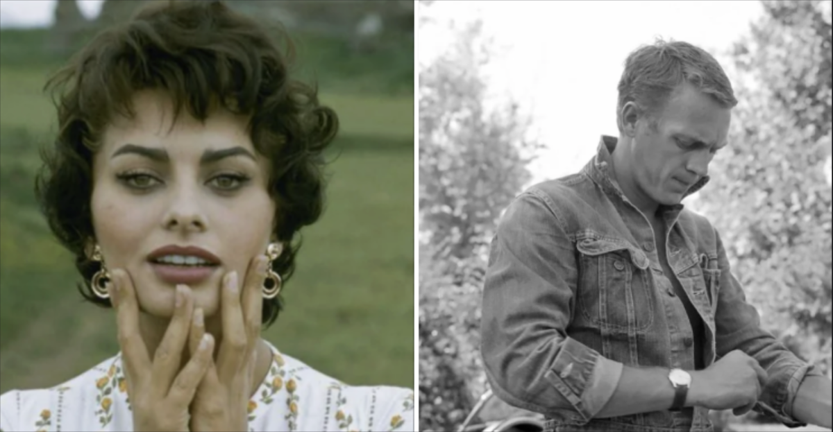 Split image: Left, a woman with short dark hair touches her face, outdoors, wearing earrings and a patterned top. Right, a man in a denim jacket looks down, outdoors in a black-and-white photo.