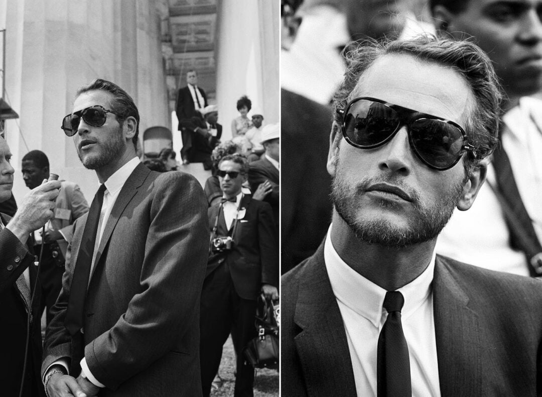Two black-and-white photos of a man in a suit and dark sunglasses. In the left photo, he is being interviewed on courthouse steps; in the right, he is seen close up, looking thoughtful among a crowd.