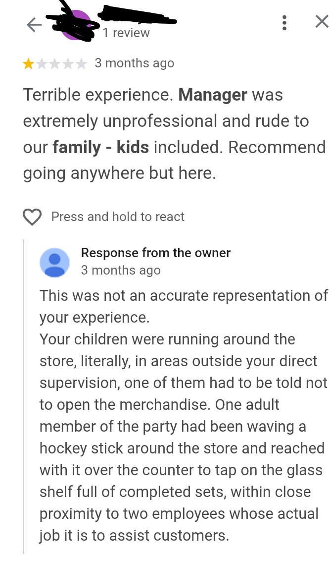 A negative online review describes a manager as unprofessional and rude to a family with kids. The owner responds, explaining the children’s disruptive behavior and clarifying the staff’s actions in the situation.