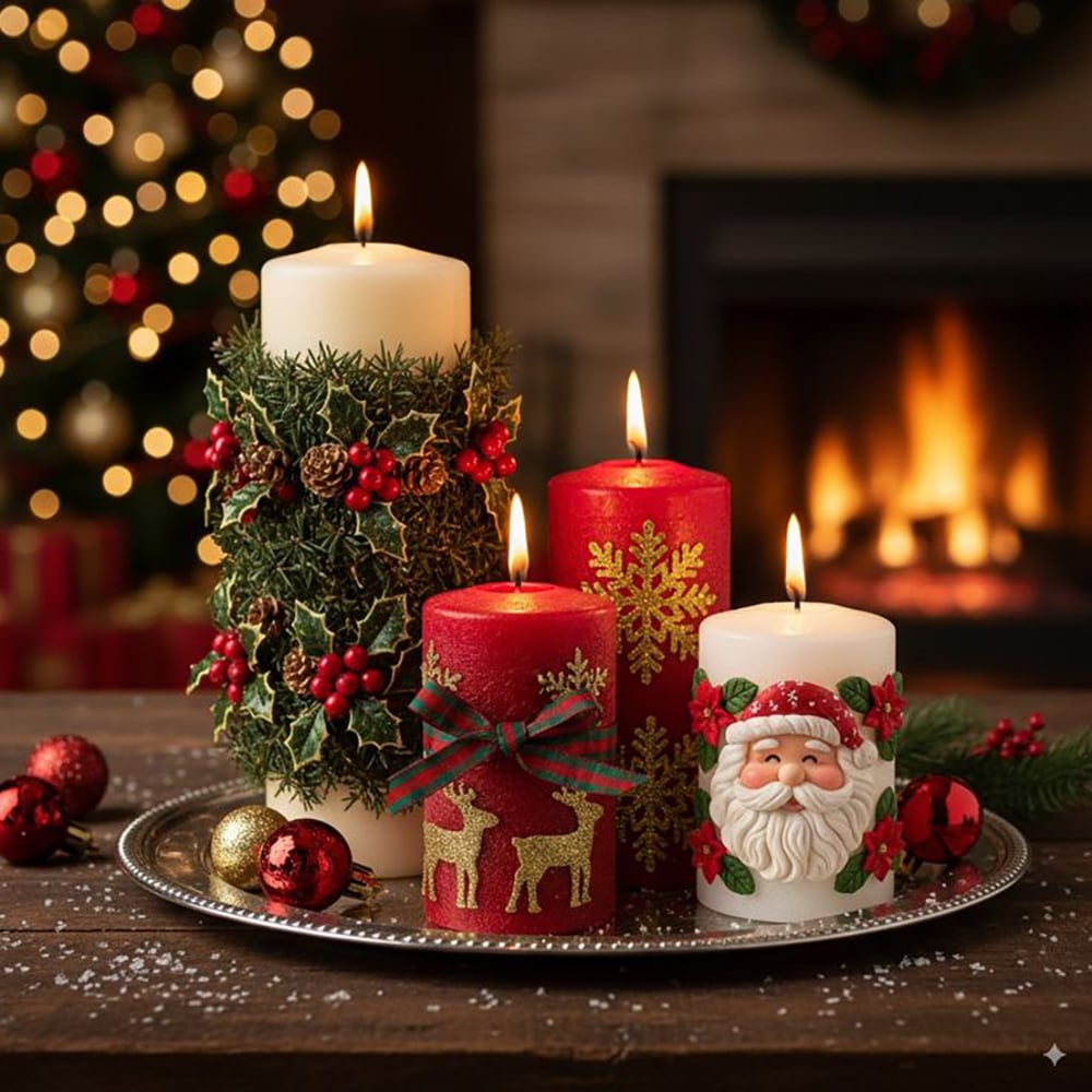 A festive candle arrangement sits on a tray, featuring Christmas-themed candles with reindeer, snowflakes, and a Santa face, set in front of a lit fireplace and a decorated Christmas tree.