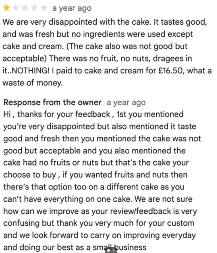 A 1-star cake review complains about lack of fruit, nuts, and dragees, calling the cake "not good but acceptable." The owner responds politely, explaining that the chosen cake did not include those extras.