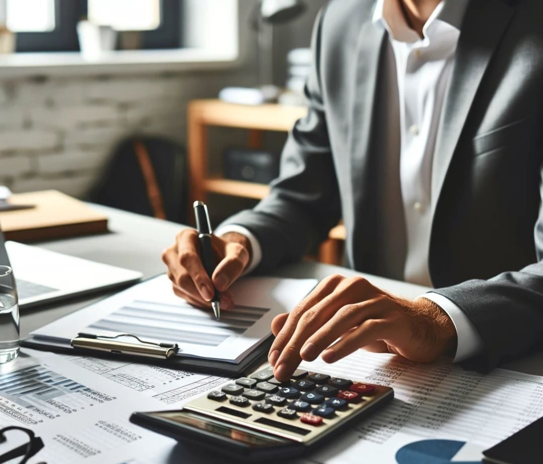 A person in a business suit sits at a desk analyzing financial charts, taking notes, and using a calculator. The desk is covered with documents, graphs, and a clipboard, suggesting a financial or accounting setting.
