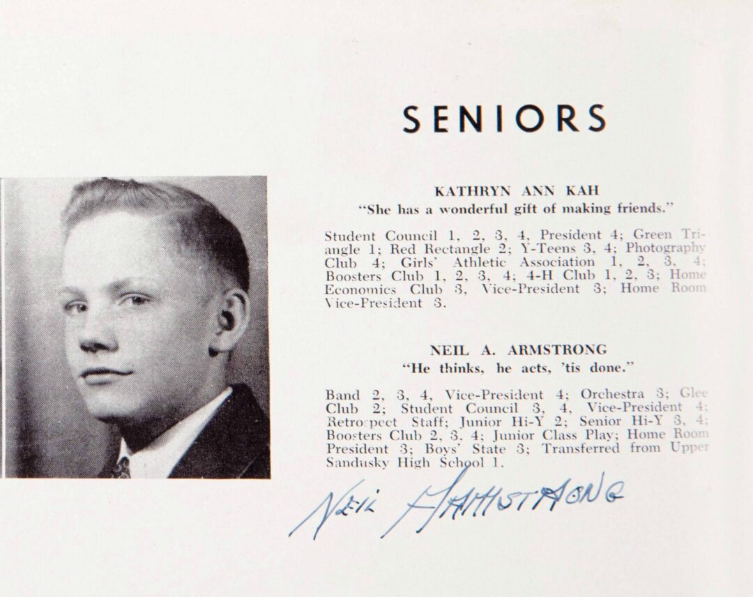 Yearbook page titled "Seniors" with black-and-white portraits of Kathryn Ann Kah and Neil A. Armstrong, each with a brief bio and signatures.