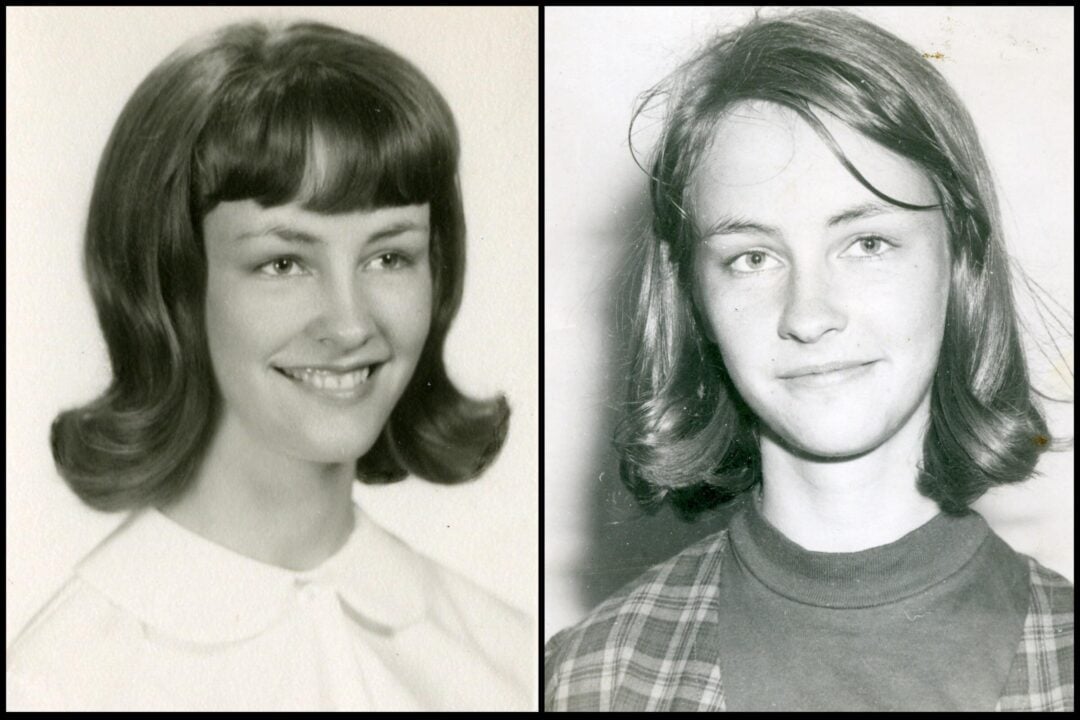 A black-and-white split image shows two young women with shoulder-length hair, both smiling slightly. The left wears a collared blouse; the right wears a plaid shirt over a dark top.