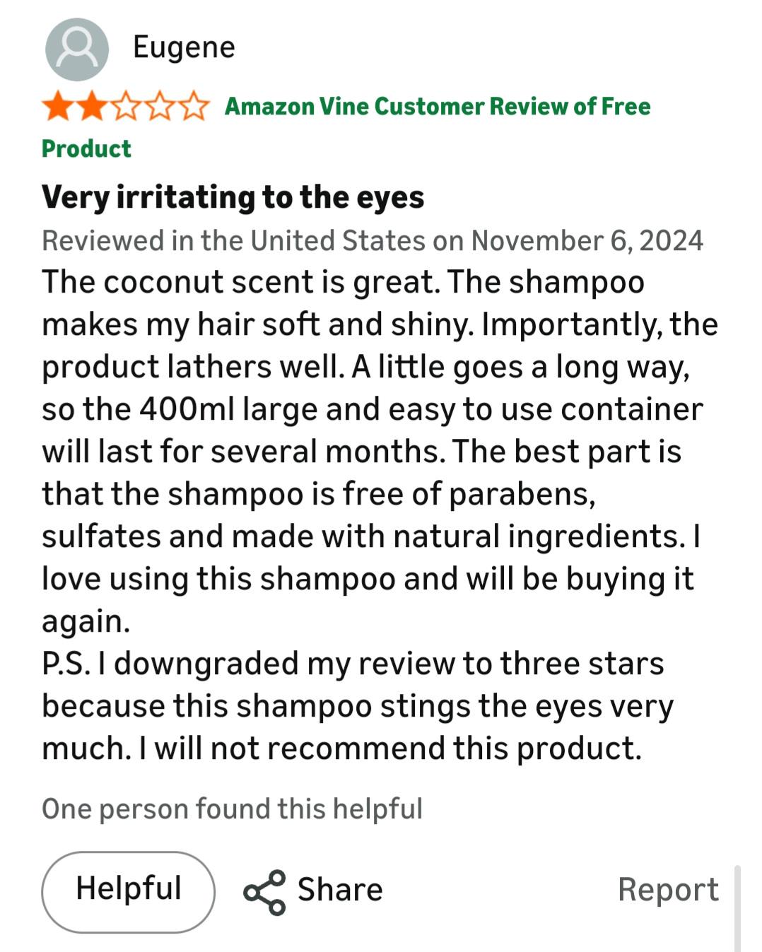 A customer review rates a coconut-scented shampoo three stars. The reviewer praises its lather and natural ingredients, but criticizes it for irritating their eyes, saying they will not recommend it despite other positives.