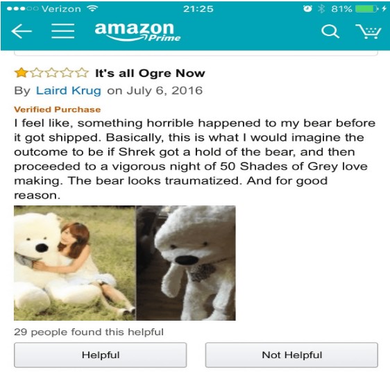 Screenshot of an Amazon review showing a woman hugging a large white teddy bear and a close-up of the bear’s face. The review humorously describes the bear as looking traumatized.