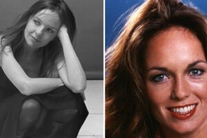 A split image: on the left, a woman sits thoughtfully with her head resting on her hand in a black-and-white photo; on the right, a color close-up of the same woman smiling.