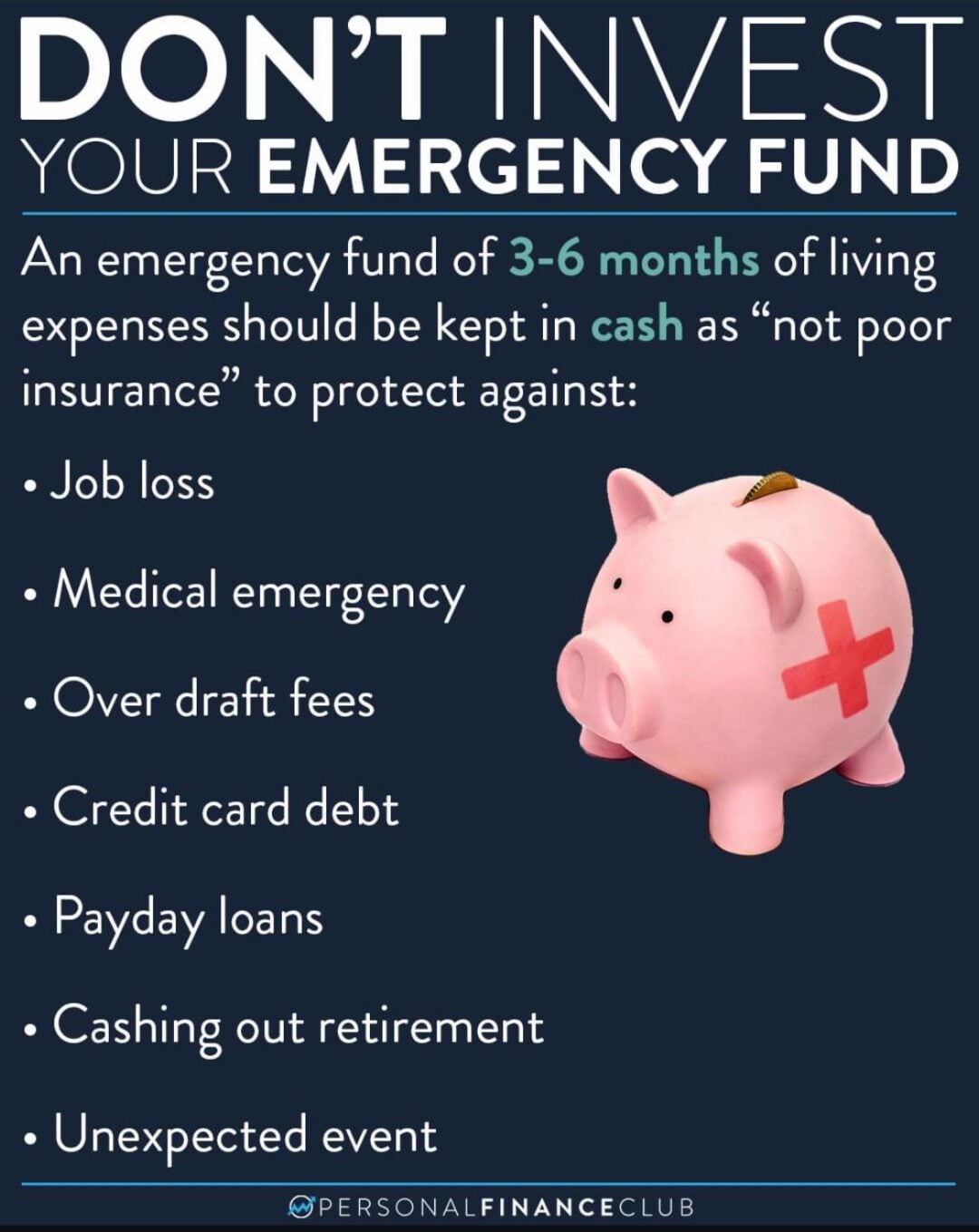 A graphic explains not to invest your emergency fund. It lists reasons to keep 3–6 months of living expenses in cash, including job loss, medical emergencies, overdraft fees, debt, payday loans, and unexpected events. A piggy bank is shown.